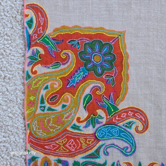 Embroidered Cashmere Scarf Boho Earthy Artisan - Picture 3 of 14